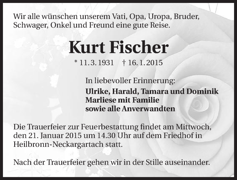  Traueranzeige für Kurt Fischer vom 19.01.2015 aus 
