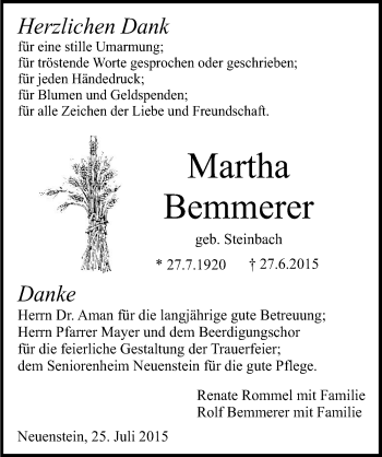 Traueranzeige von Martha Bemmerer 