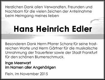 Traueranzeige von Hans Heinrich Edler 
