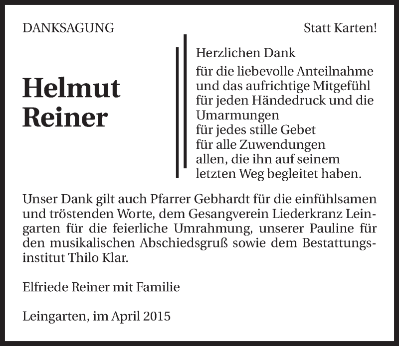  Traueranzeige für Helmut Reiner vom 25.04.2015 aus 