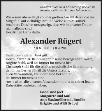 Traueranzeige von Alexander Rügert 