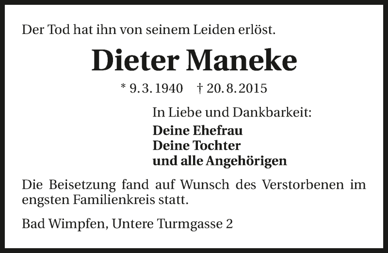  Traueranzeige für Dieter Maneke vom 05.09.2015 aus 