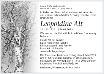 Traueranzeige von Leopoldine Alt 