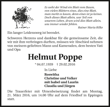 Traueranzeige von Helmut Poppe 