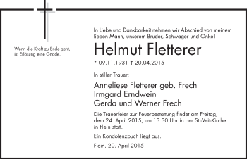 Traueranzeige von Helmut Fletterer 