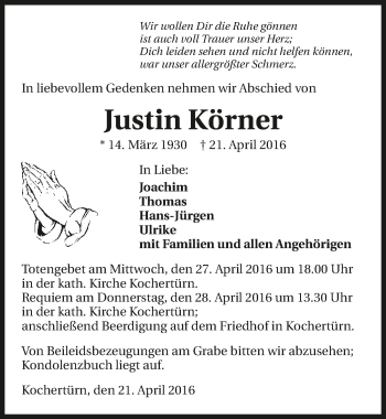 Traueranzeige von Justin Körner 