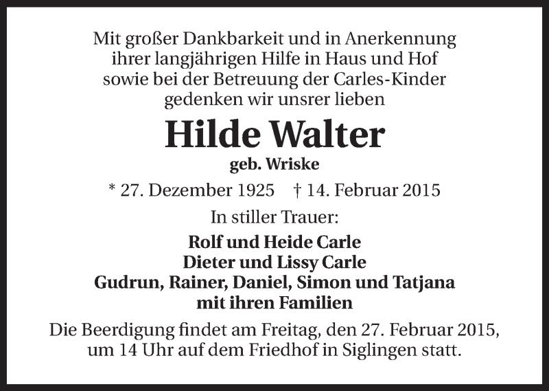  Traueranzeige für Hilde Walter vom 26.02.2015 aus 