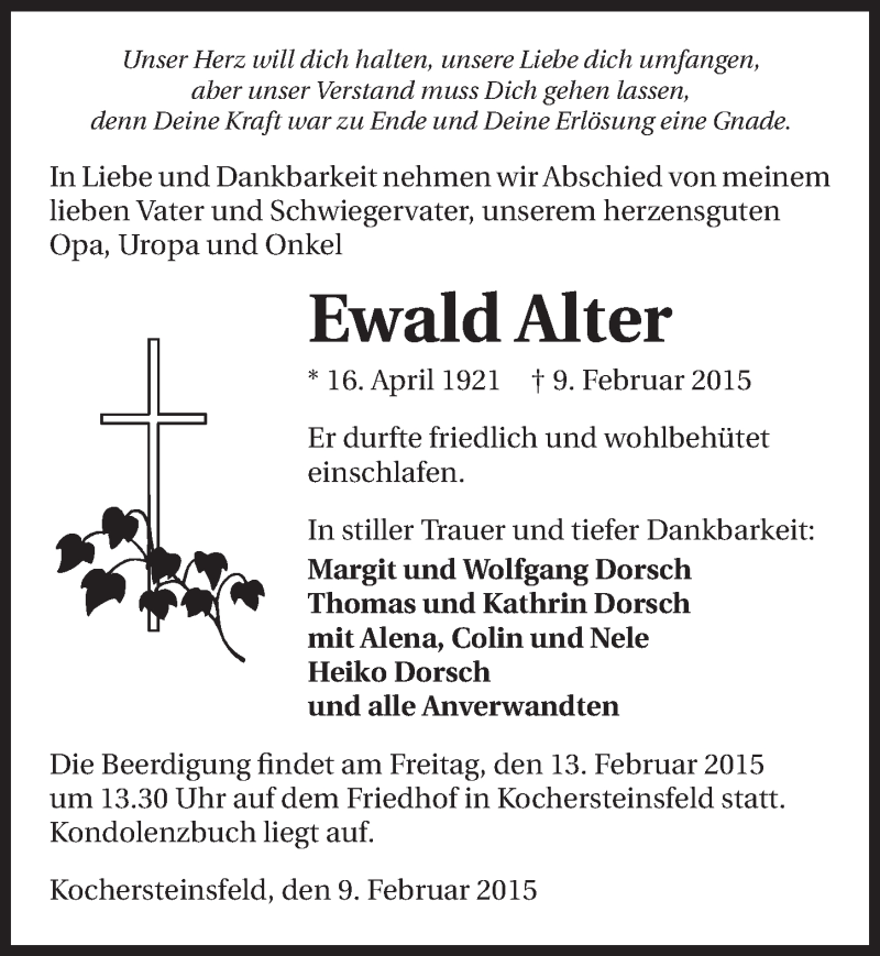  Traueranzeige für Ewald Alter vom 11.02.2015 aus 