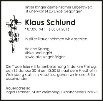 Traueranzeige von Klaus Schlund 