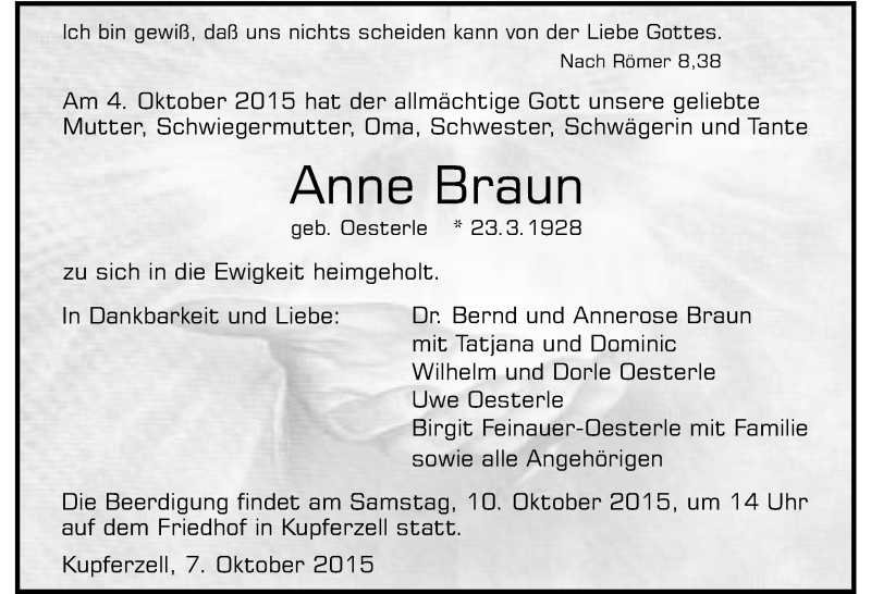  Traueranzeige für Anne Braun vom 07.10.2015 aus 