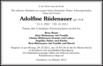 Traueranzeige von Rüdenauer Adolfine 