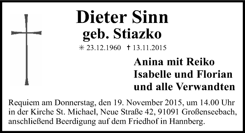  Traueranzeige für Dieter Sinn vom 18.11.2015 aus 
