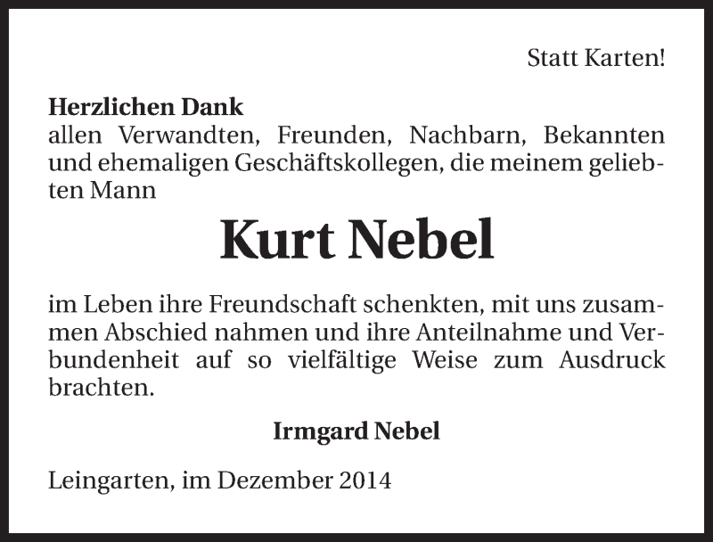  Traueranzeige für Kurt Nebel vom 20.12.2014 aus 