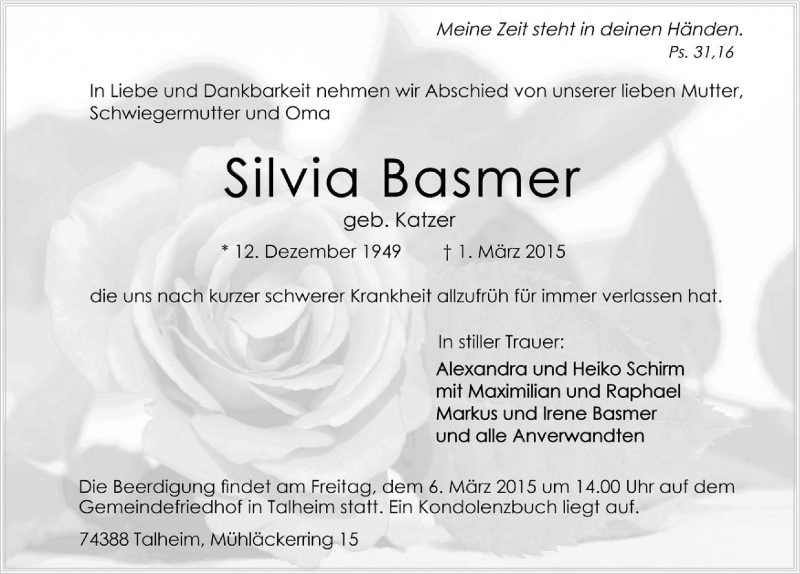  Traueranzeige für Silvia Basmer vom 04.03.2015 aus 