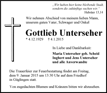 Traueranzeige von Gottlieb Unterseher 