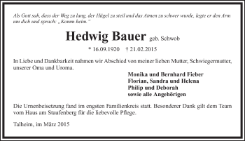 Traueranzeige von Hedwig Bauer 