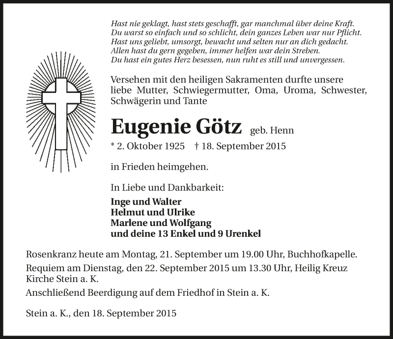 Traueranzeige für Eugenie Götz vom 21.09.2015 aus 