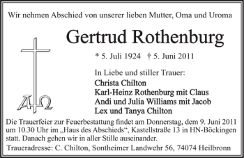 Traueranzeige von Gertrud Rothenburg 