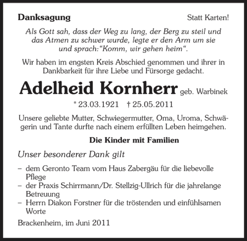  Traueranzeige für Adelheid Kornherr vom 11.06.2011 aus 