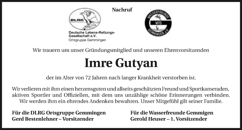  Traueranzeige für Imre Gutyan vom 21.12.2015 aus 