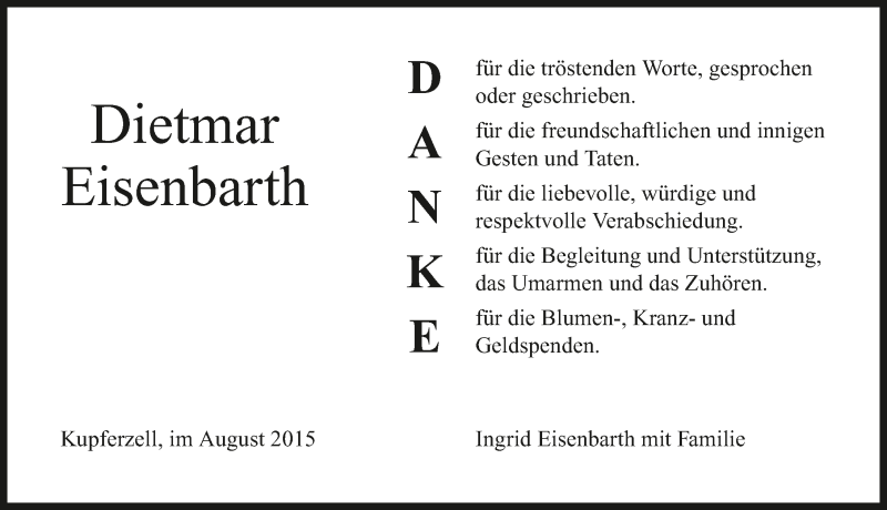  Traueranzeige für Dietmar Eisenbarth vom 22.08.2015 aus 