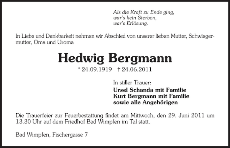  Traueranzeige für Hedwig Bergmann vom 27.06.2011 aus 