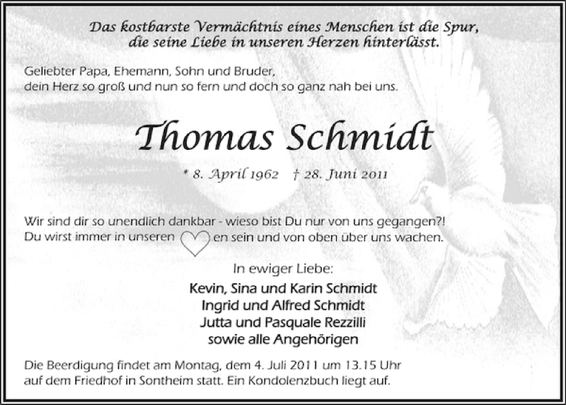  Traueranzeige für Thomas Schmidt vom 01.07.2011 aus 