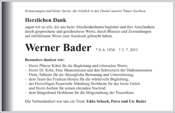 Traueranzeige von Werner Bader 