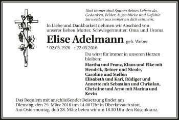 Traueranzeige von Elise Adelmann 