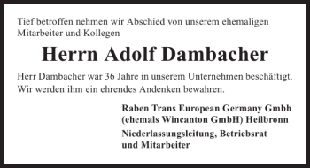 Traueranzeige von Adolf Dambacher 