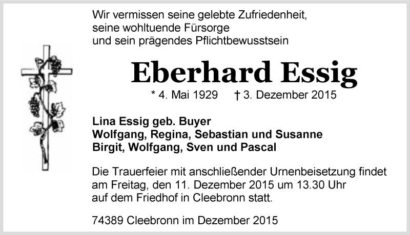  Traueranzeige für Eberhard Essig vom 08.12.2015 aus 