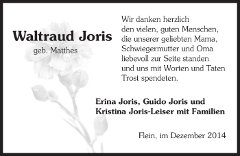 Traueranzeige von Waltraud Joris 