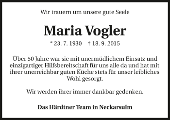 Traueranzeige von Maria Vogler 