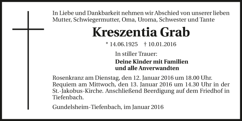 Traueranzeige für Kreszentia Grab vom 12.01.2016 aus 