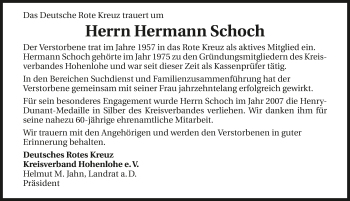 Traueranzeige von Hermann Schoch 