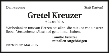 Traueranzeige von Gretel Kreuzer 
