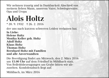 Traueranzeige von Alois Holtz 