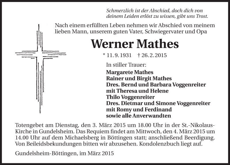  Traueranzeige für Werner Mathes vom 02.03.2015 aus 