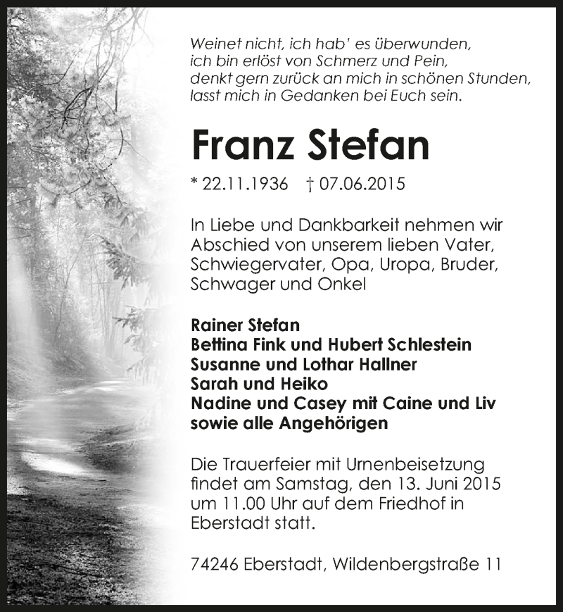  Traueranzeige für Franz Stefan vom 09.06.2015 aus 