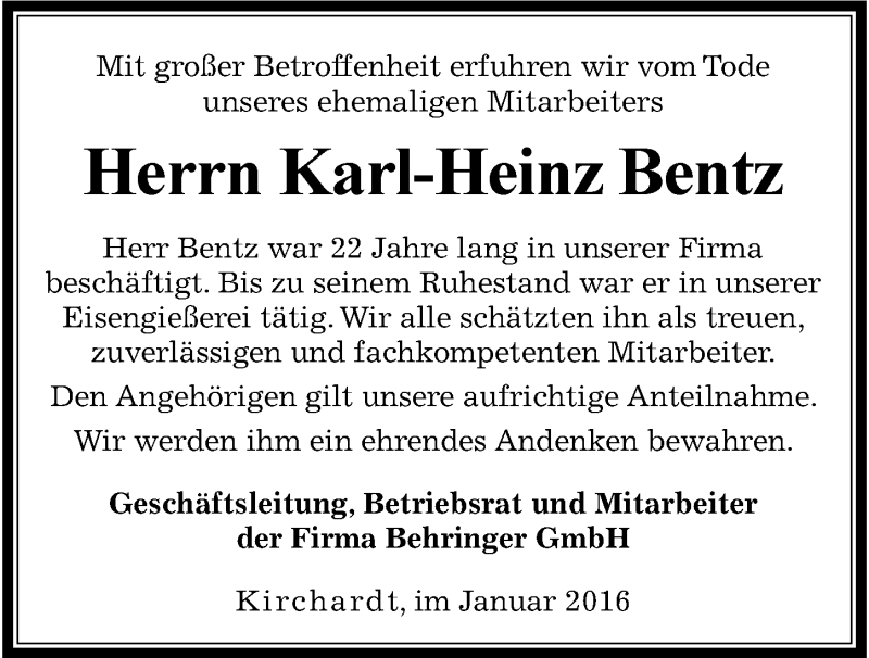  Traueranzeige für Karl-Heinz Bentz vom 22.01.2016 aus 