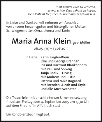 Traueranzeige von MariaAnna Klein 