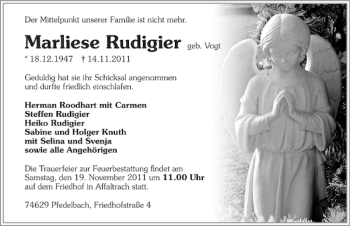 Traueranzeige von Marliese Rudigier 
