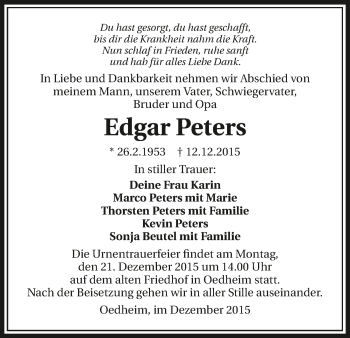 Traueranzeige von Edgar Peters 