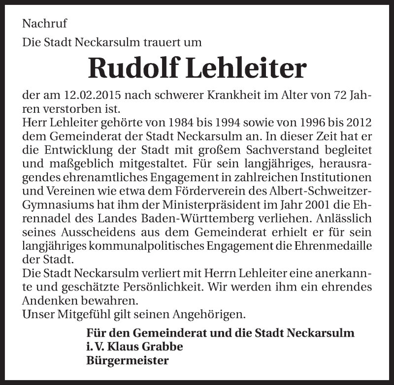  Traueranzeige für Rudolf Lehleiter vom 16.02.2015 aus 