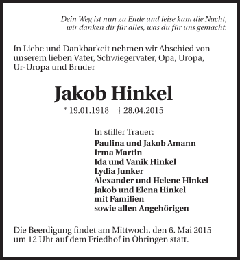Traueranzeige von Jakob Hinkel 
