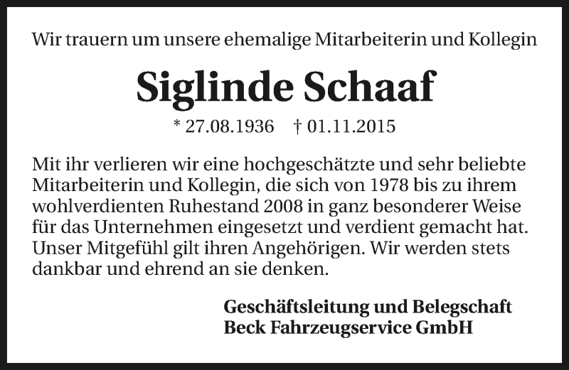  Traueranzeige für Siglinde Schaaf vom 06.11.2015 aus 