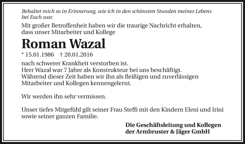 Traueranzeige für Roman Wazal vom 25.01.2016 aus 