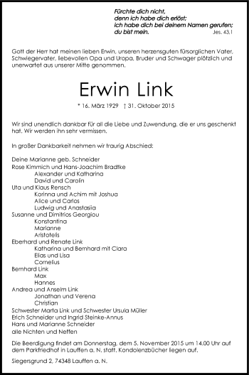 Traueranzeige von Erwin Link 