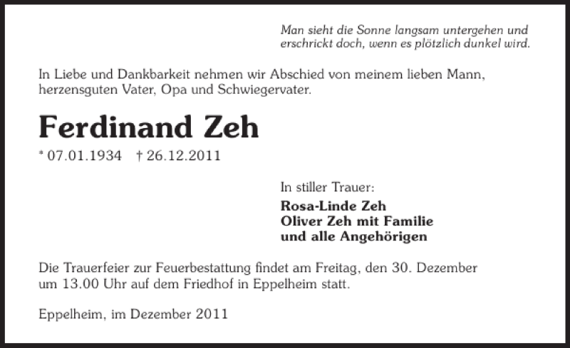  Traueranzeige für Ferdinand Zeh vom 28.12.2011 aus 