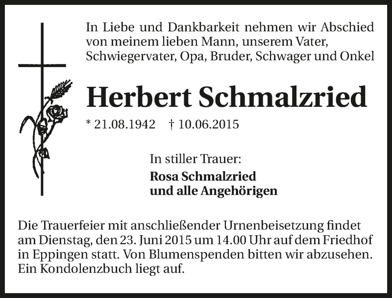  Traueranzeige für Herbert Schmalzried vom 20.06.2015 aus 